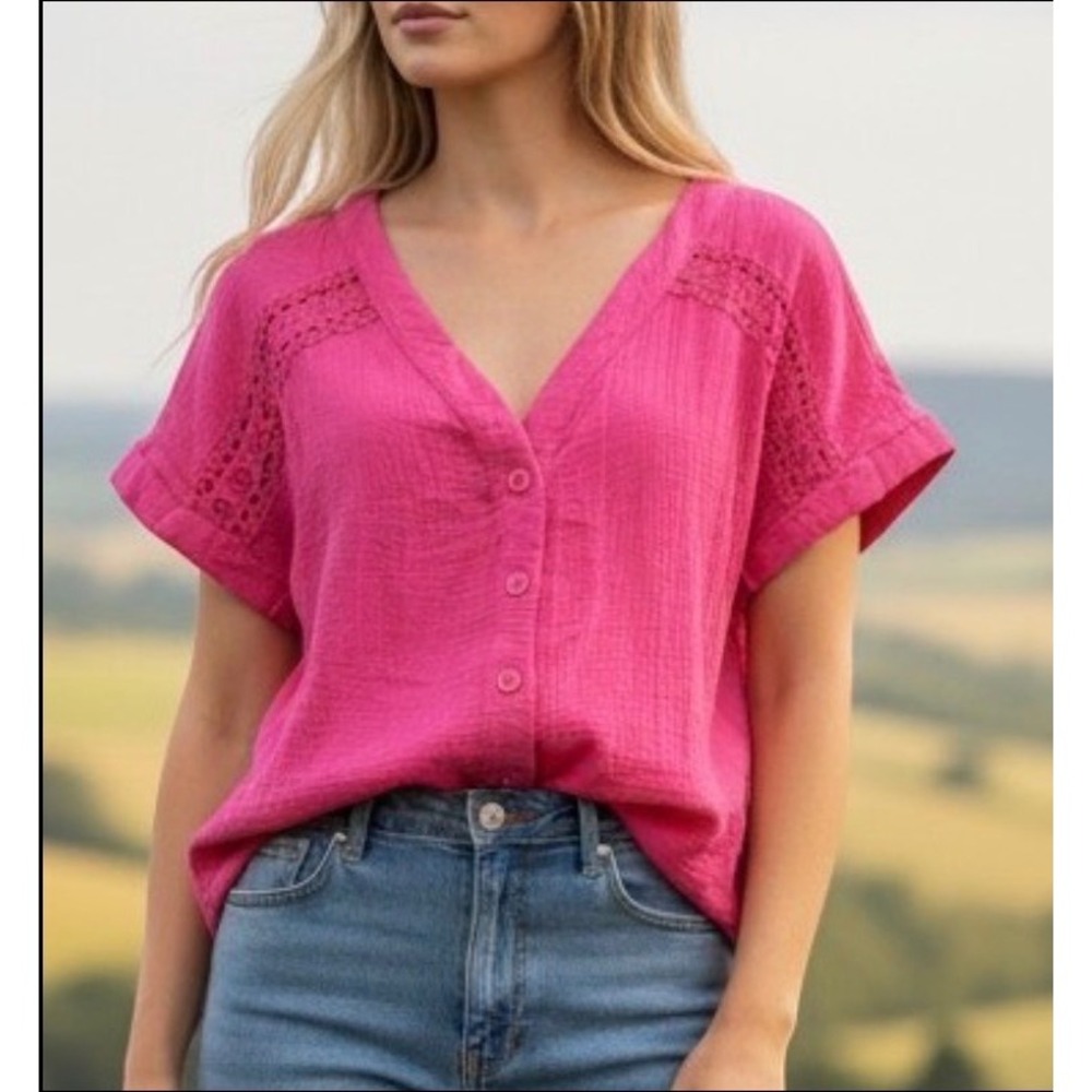 Cupshe Cotton Short Sleeve Button Down Top Pink Crochet Detail Women Med NWT
